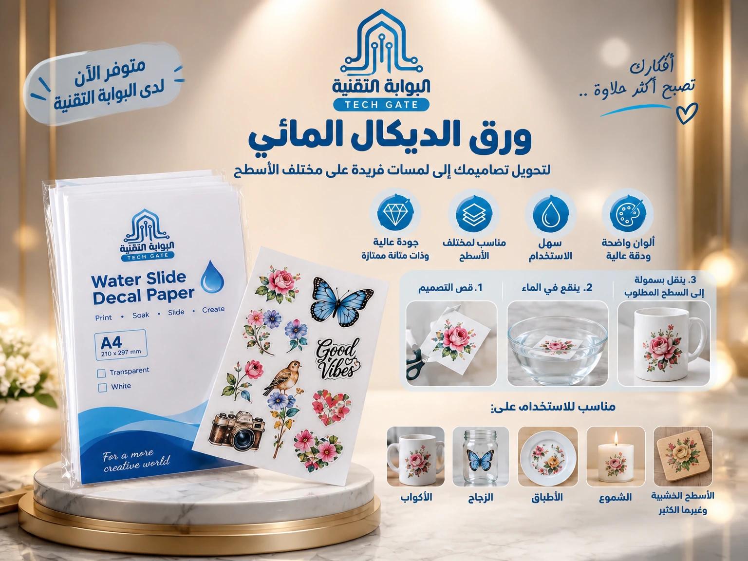 ورق ديكال مائي A4 للطباعة والنقل — منتج مخصص من البوابة التقنية